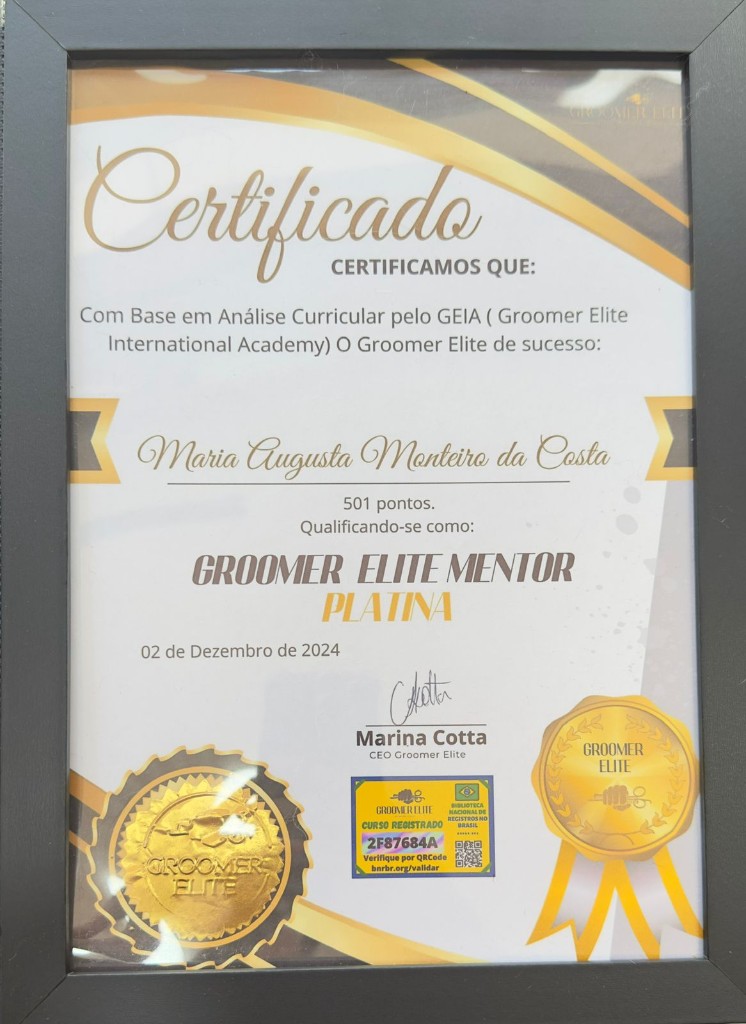 Certificado em moldura — Groomer Elite Mentor Platina (dez. 2024)