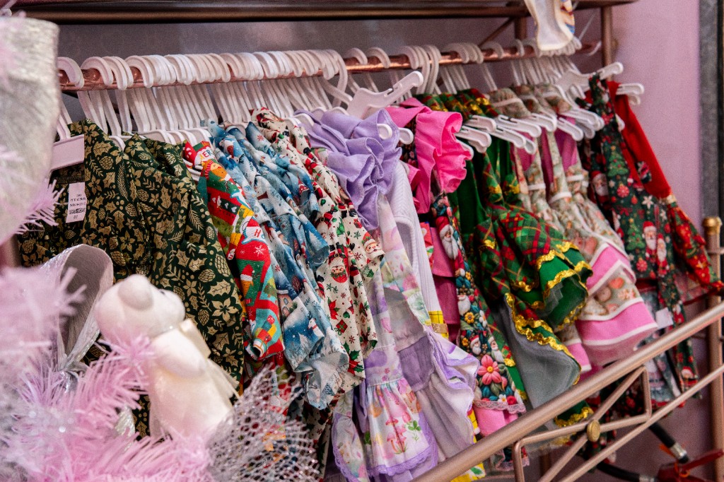 Cabide com roupas e acessórios para cães na área de boutique da recepção.